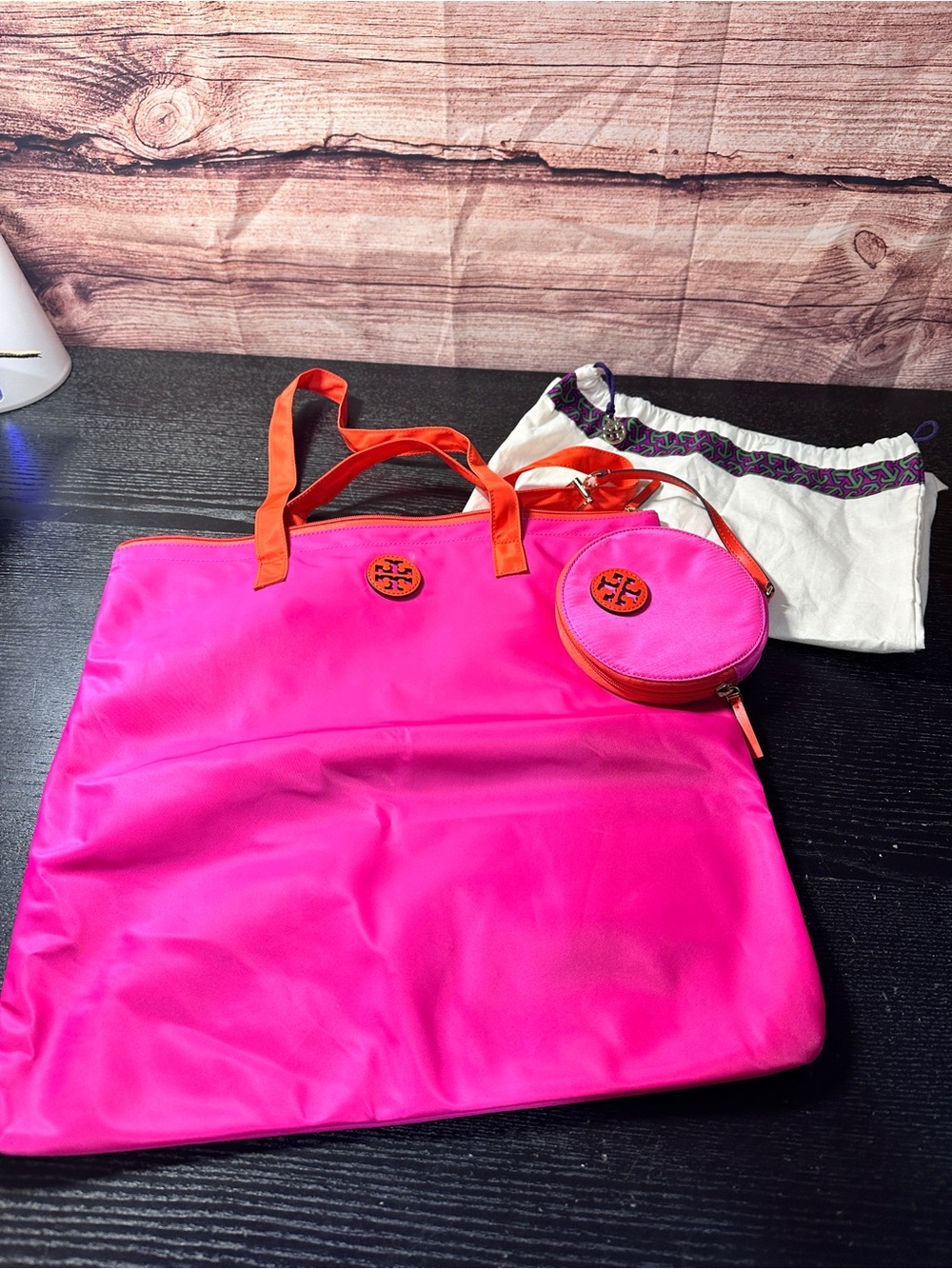 Tory Burch Fuchsia Nylon Lightweight Tote With Matching Coin Purse & Dust Bag
